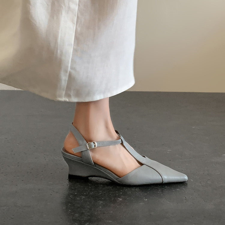 Celene Leather T-Bar Wedge Heels