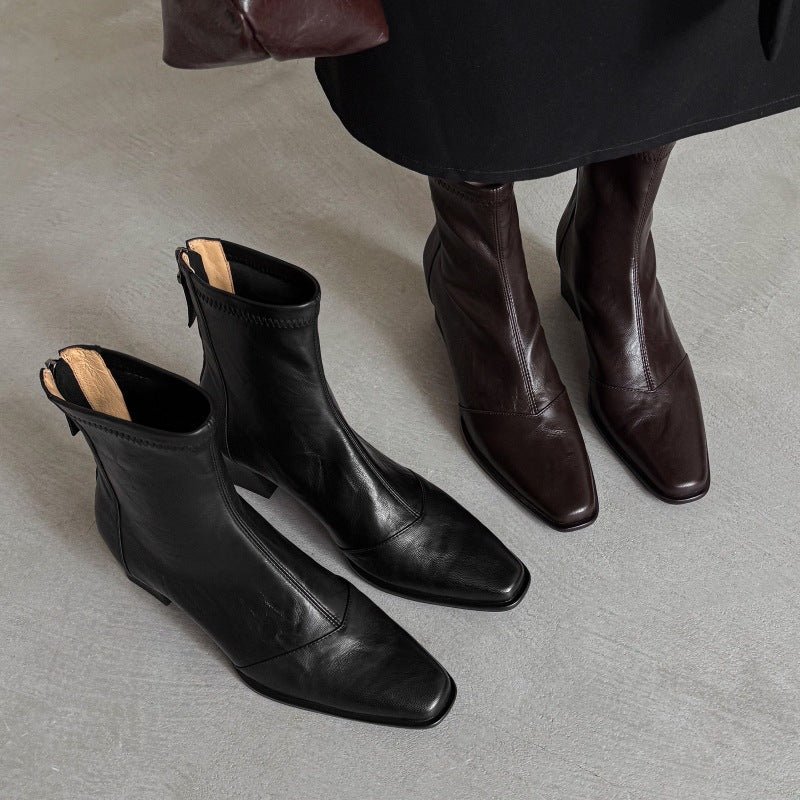 Elara Square-Toe Leather Ankle Boots