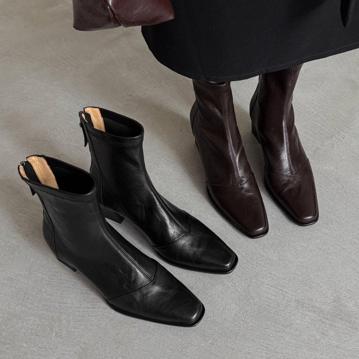 Elara Square-Toe Leather Ankle Boots