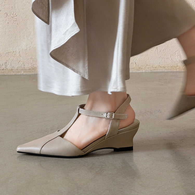 Celene Leather T-Bar Wedge Heels