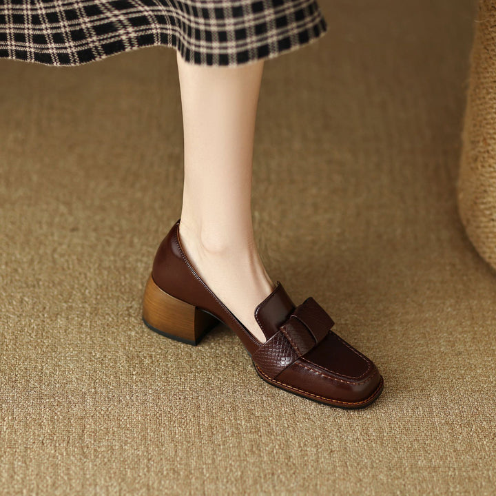 Velmora Bow Leather Loafer Pumps