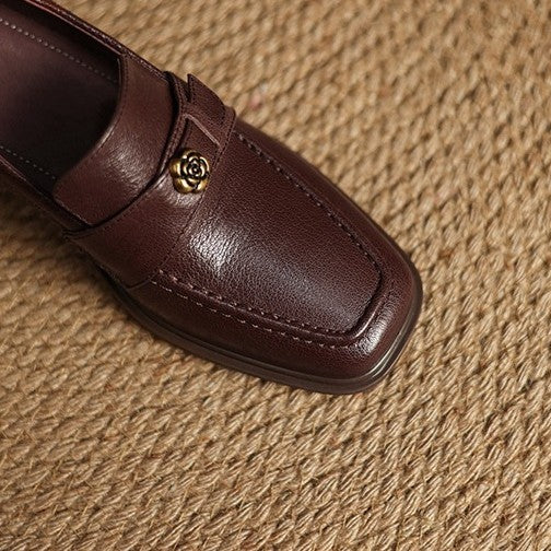 Nelle Square-Toe Leather Loafer Pumps