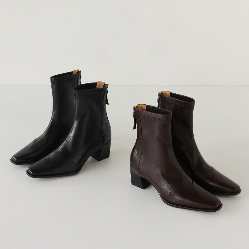 Elara Square-Toe Leather Ankle Boots