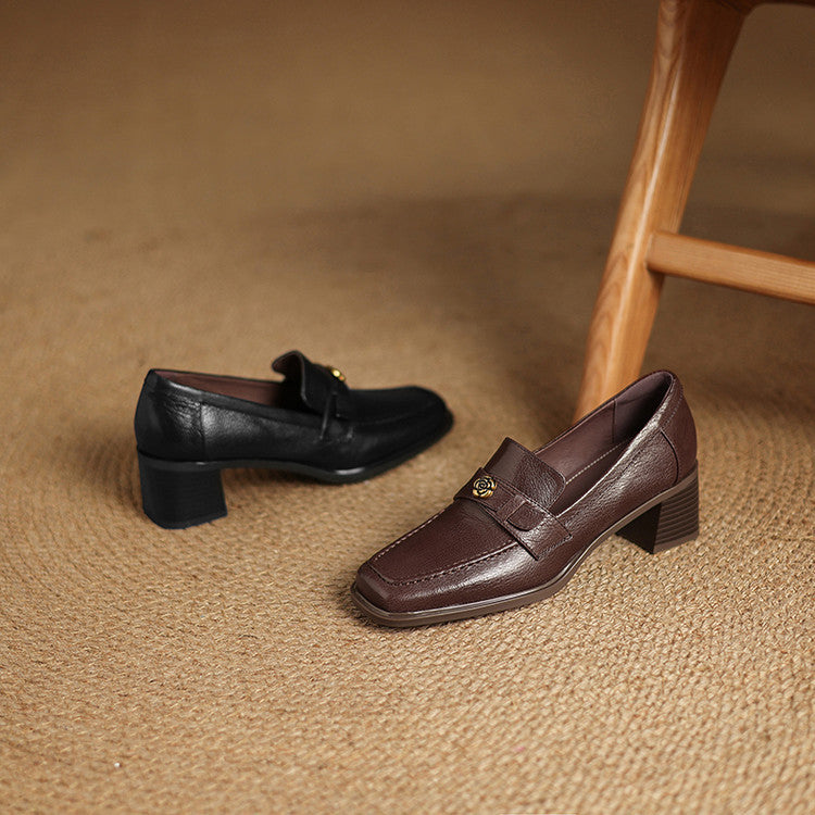 Nelle Square-Toe Leather Loafer Pumps