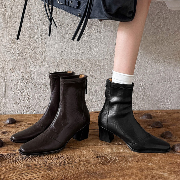 Elara Square-Toe Leather Ankle Boots