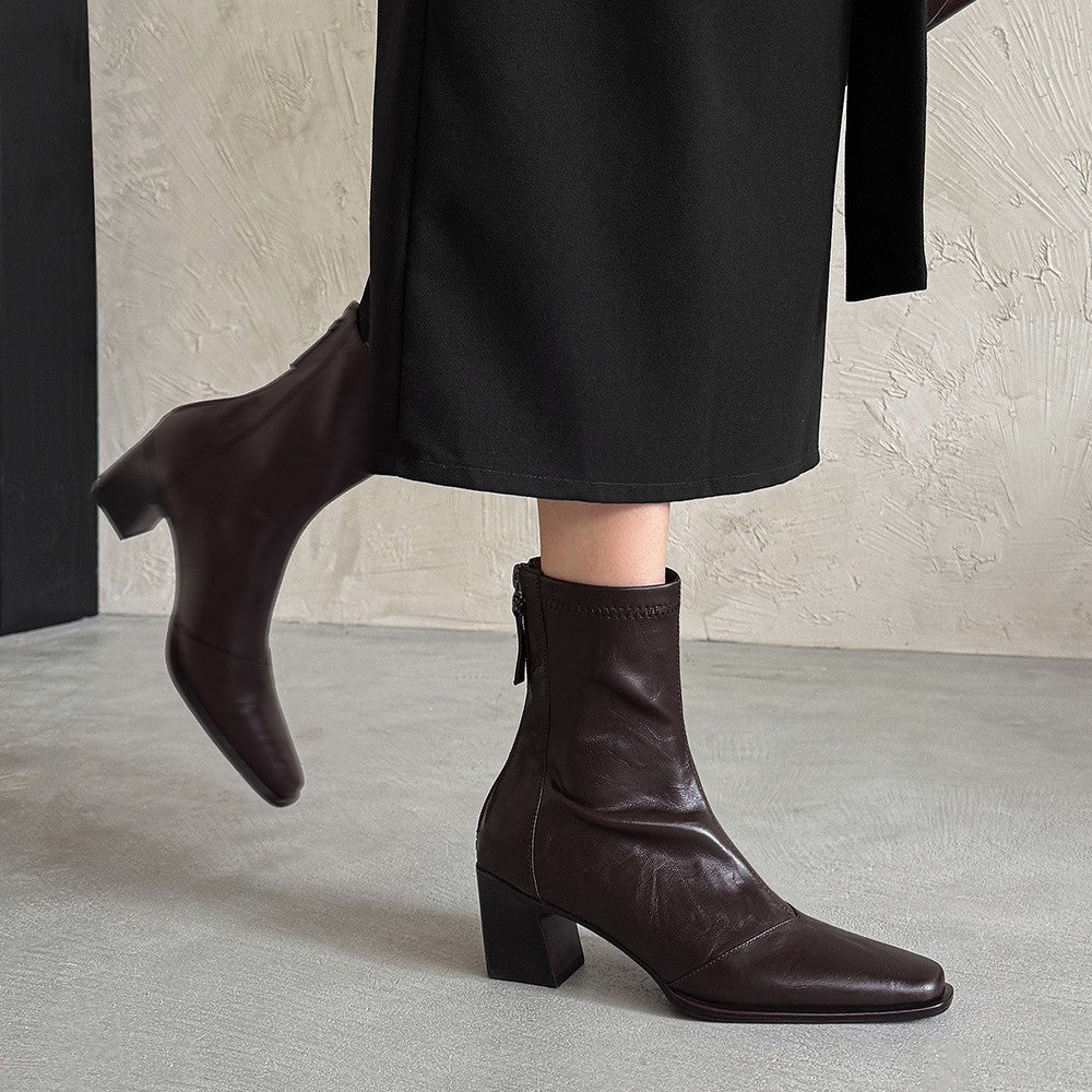 Elara Square-Toe Leather Ankle Boots