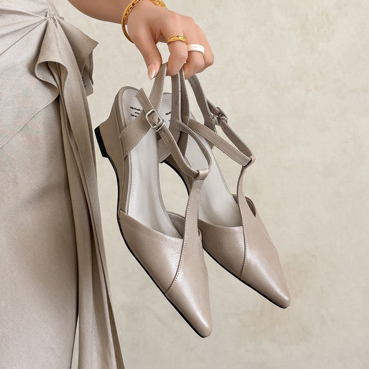 Celene Leather T-Bar Wedge Heels