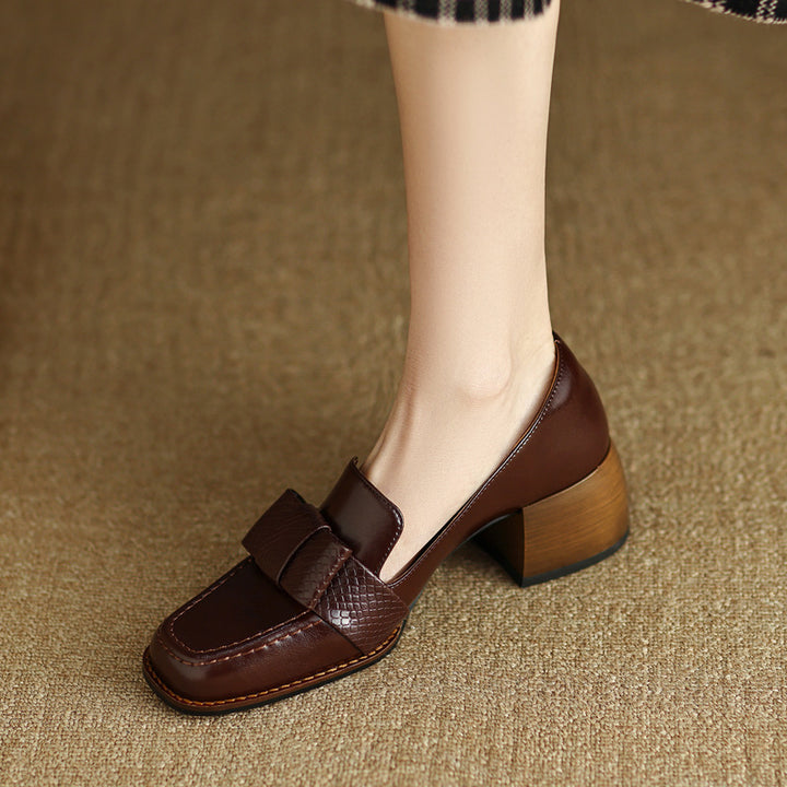 Velmora Bow Leather Loafer Pumps