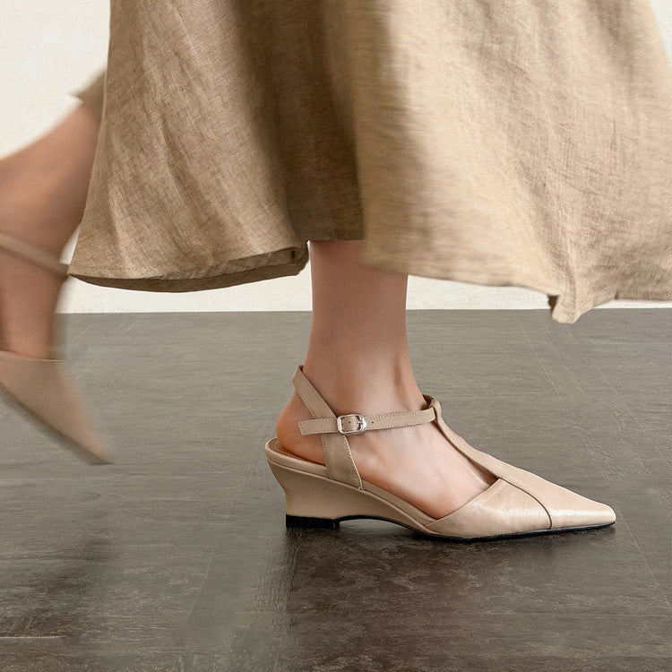 Celene Leather T-Bar Wedge Heels