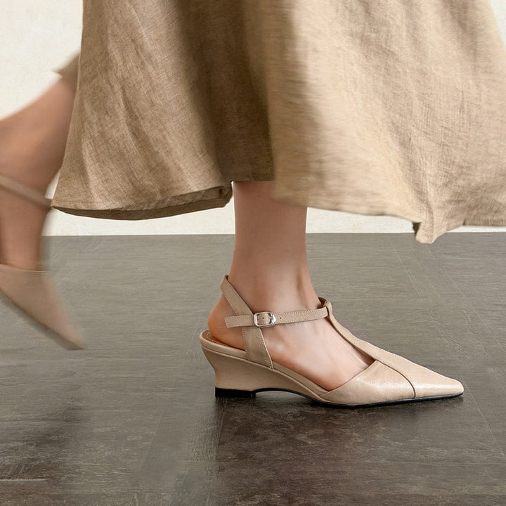Celene Leather T-Bar Wedge Heels