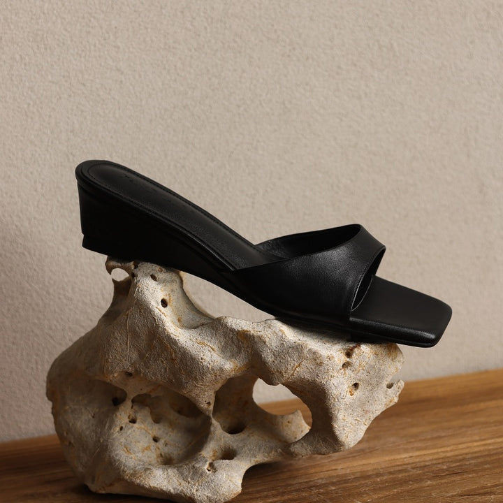 Mara Square-Toe Leather Wedge Mules