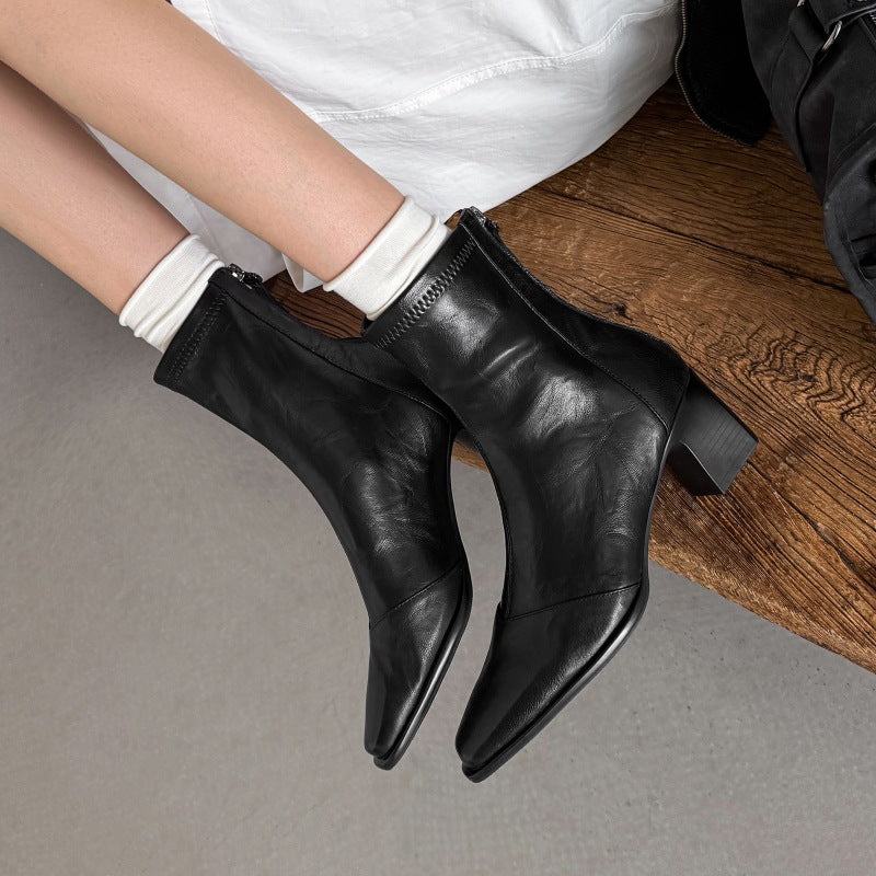 Elara Square-Toe Leather Ankle Boots