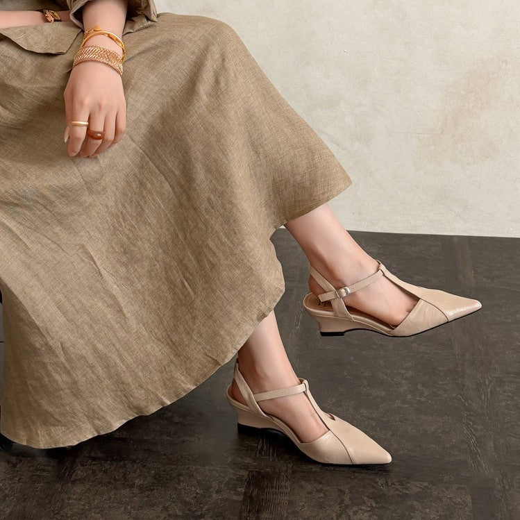 Celene Leather T-Bar Wedge Heels