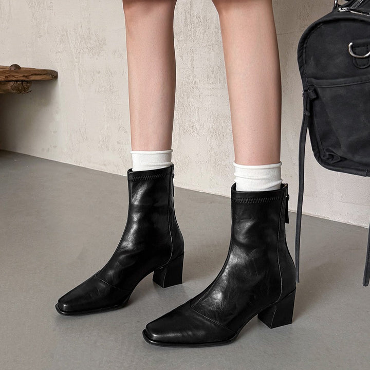 Elara Square-Toe Leather Ankle Boots