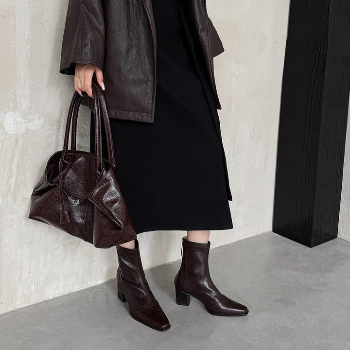 Elara Square-Toe Leather Ankle Boots