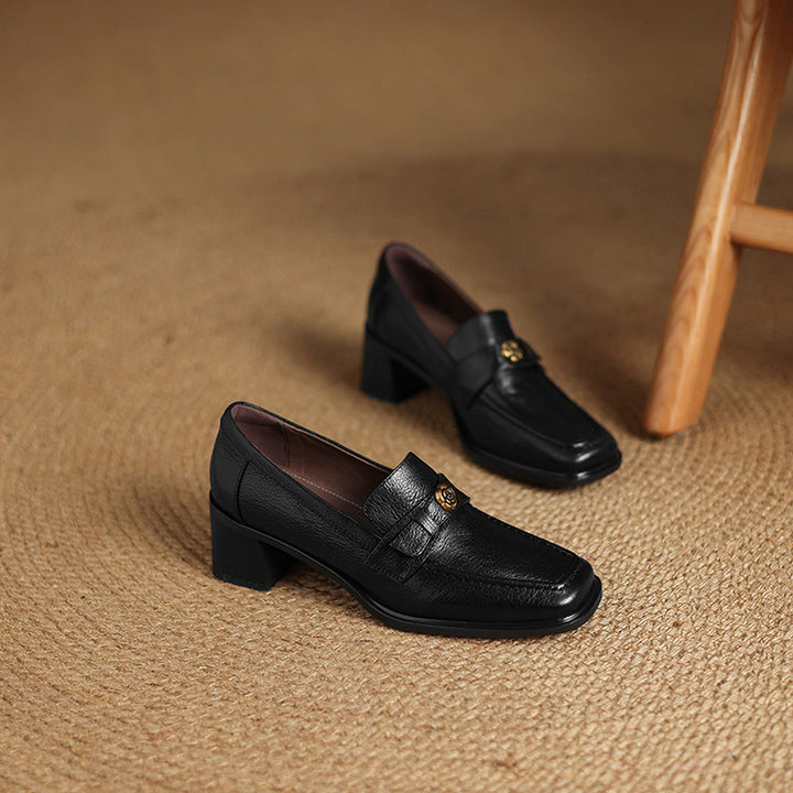 Nelle Square-Toe Leather Loafer Pumps