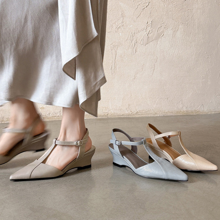 Celene Leather T-Bar Wedge Heels
