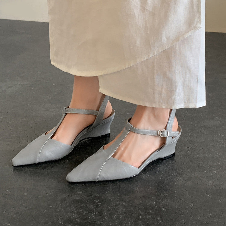 Celene Leather T-Bar Wedge Heels
